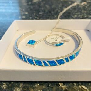 Sterling Silver Blue Opal Inlay Cuff Bracelet and Pendant Necklace Set